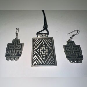 Signed Alice Seely 2000 Cross Rectangle Pendant & Earrings Petroglyph Style RARE